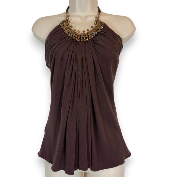 Vintage Brown Y2K Halter Top with Amber Rhinestone Necklace Made in USA Small - Picture 1 of 8